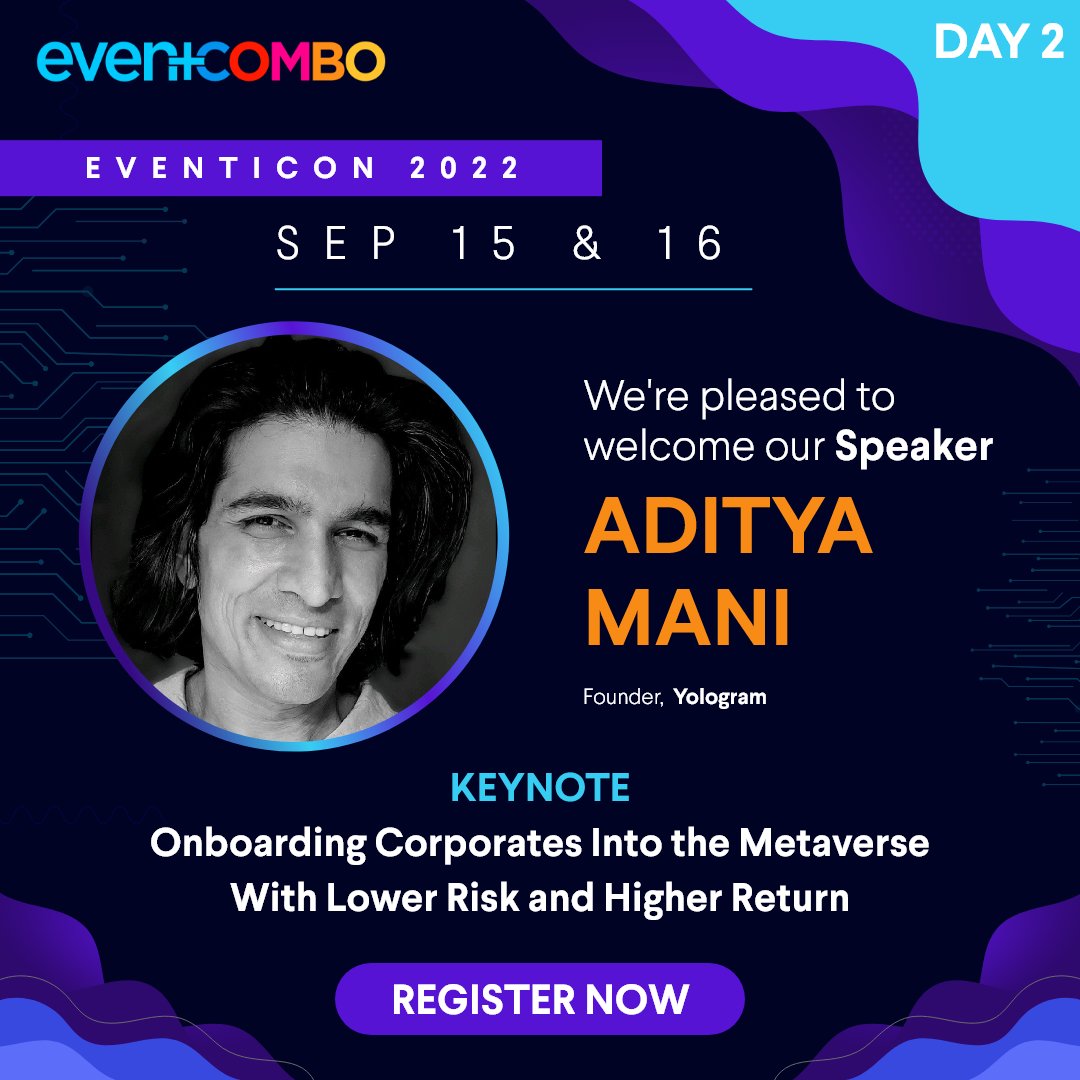 Eventcombo's tweet photo. Honored to have @AdityaYOLOgram, Founder, Yologram, on board for #Eventicon2022.

Aditya will be giving a much needed keynote session on 'Onboarding Corporates into the Metaverse with Lower Risk and Higher Return'.

Grab your tickets now at https://t.co/uUfQ9ijcWD

#Eventcombo https://t.co/rvohGnHNL7