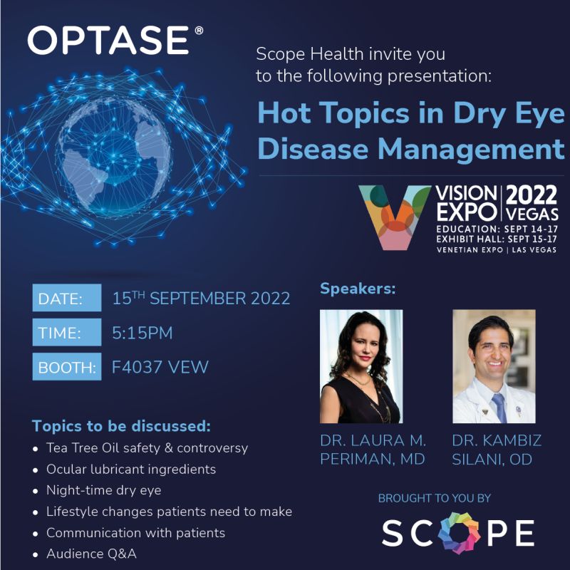 OPTASEeyes's tweet photo. If you're attending Vision Expo West this week drop by the Optase booth this Thursday at 5:15pm for a special talk from Dr Laura M Periman, MD and Dr Kambiz Silani OD. These two industry leaders are going to be discussing a number of topics regarding Dry Eye Disease management. https://t.co/syMgvNRVQN
