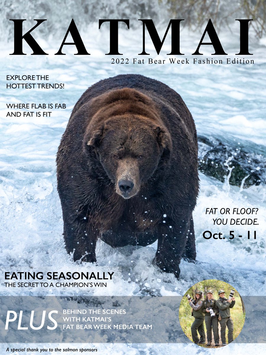 KatmaiNPS's tweet photo. Bears don’t want to just grace the cover of this mock magazine; they want to go all the way to the bracket! Even though #NPSFW is over, #FatBearWeek is still to come. In 3 weeks, bears vie for victory in the competition of chunkified champs. Which burly bruin will you back? https://t.co/8REIBJg6PM
