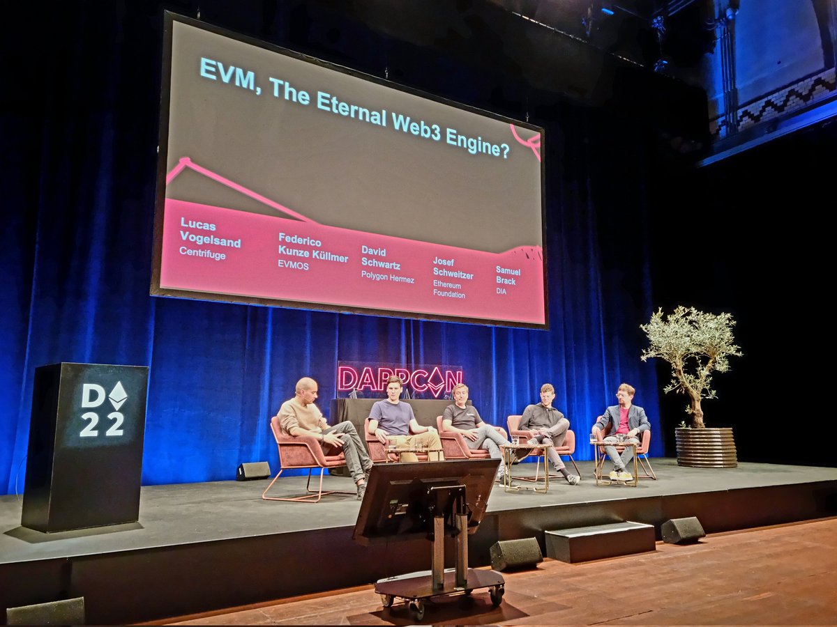 tw_tter's tweet photo. Last panel of dappcon: @lucasvo, @fekunze, @davidsrz, @JBSchweitzer and Samuel Brack discuss the EVM. Tl;dr: The EVM and Solidity are sticky 🤷♀️
#DappCon22 https://t.co/sKhIKePjHC