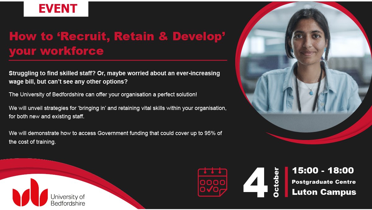 UOB_RIS's tweet photo. 🚨 Register &amp; join the @uniofbeds’ #RecruitRetainDevelop event: Discover how your business can stay ahead of the curve. 

Find out how to bring fresh ideas to your business by channelling your efforts into upscaling your staff.

Register > https://t.co/s52M0veKxg 

#businessevent https://t.co/WEmsj8PwQh