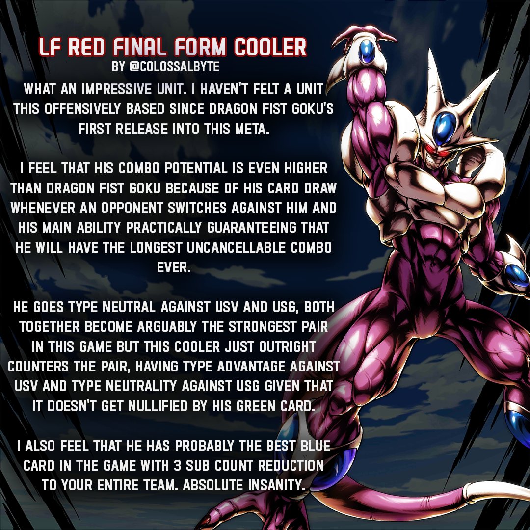 CollosalbyteG's tweet photo. LF RED Final Form Cooler's team guide is here!
#dragonballlegends #dokkanbattle #dokkanbattlez #dragonballz #dragonballsuper #dokkantips https://t.co/GtYkzfCNAk