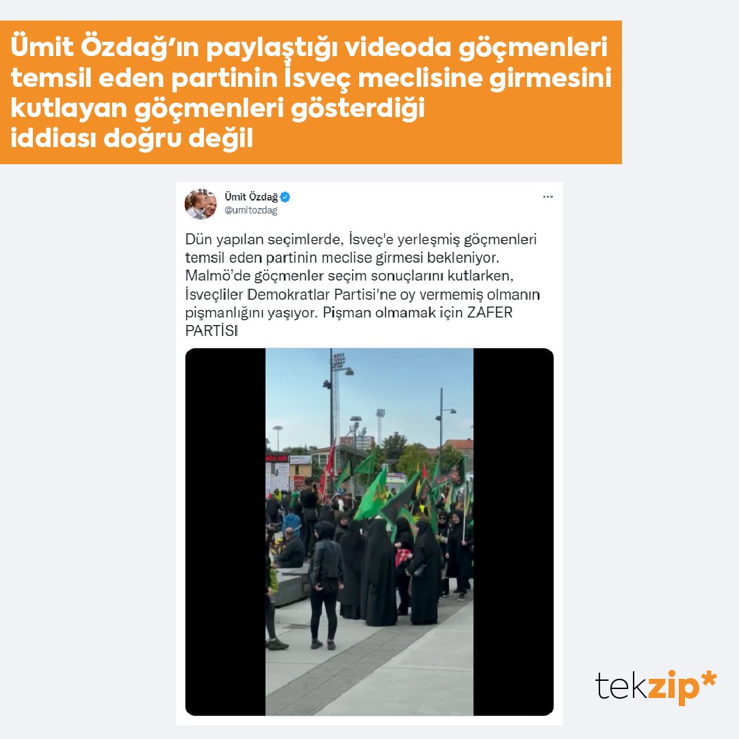 ❌Ümit Özdağ'ın paylaştığı videoda göçmenleri 
temsil eden partinin İsveç meclisine girmesini 
kutlayan göçmenleri gösterdiği iddiası doğru değil.

✅Seçimlerden önce kaydedilen video, İsveç’teki Şiilerin Hz. Hüseyin’i anmak için düzenlediği etkinlikten.