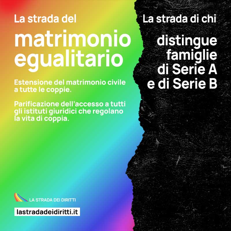 Oggi parliamo di: #MatrimonioEgualitario
Cara politica, prendi #lastradadeidiritti
Leggi le rivendicazioni delle associazioni LGBTQIA+ e le proposte dei partiti su
lastradadeidiritti.it
#ElezioniPolitiche2022
#lastradadeidiritti