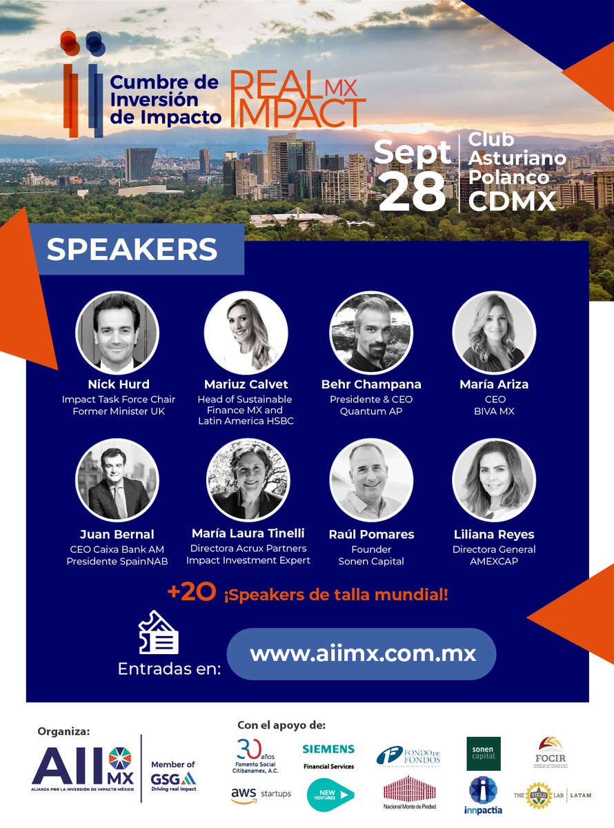 Más de 20 Speakers liderarán la II Cumbre de Inversión de Impacto #RealImpactMX. No deje pasar esta gran oportunidad de conectar con grandes líderes y actores del ecosistema de impacto social en la región. 
Entradas en: aiimx.com.mx/cumbre-de-inve…
#inversióndeimpacto