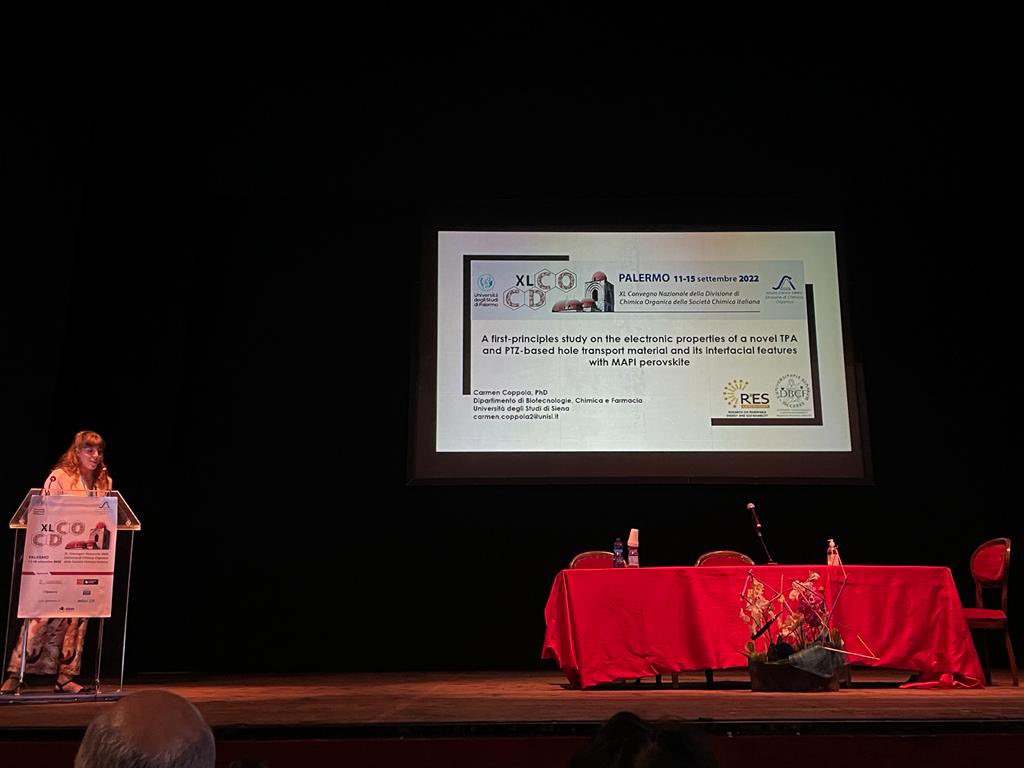 R2esL's tweet photo. Great talk by Carmen at the “XL Convegno Nazionale della Divisione di Chimica Organica della Società Chimica Italiana - CDCO”in Palermo,presenting our work on hole trasport materials in collaboration with @LabLeaf and @musichemlab Well done Carmen!#cdco2022 @unisiena @DBCF_Unisi https://t.co/ogAR67Jiue