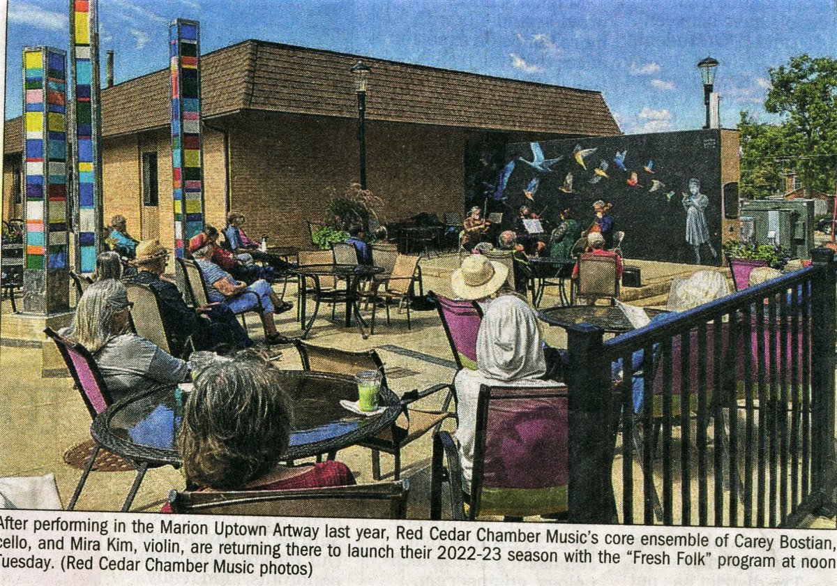 SwedeNoyd's tweet photo. An Article in The Gazette this morning about Red Chamber Music Group 2022-2023 Calendar. They will start again Sept. 20th in Uptown Marion Artway just like last year. Who is that guy in the front row on the right in red shirt &amp; tan hat....Is it ?? https://t.co/W7wHYelFlI