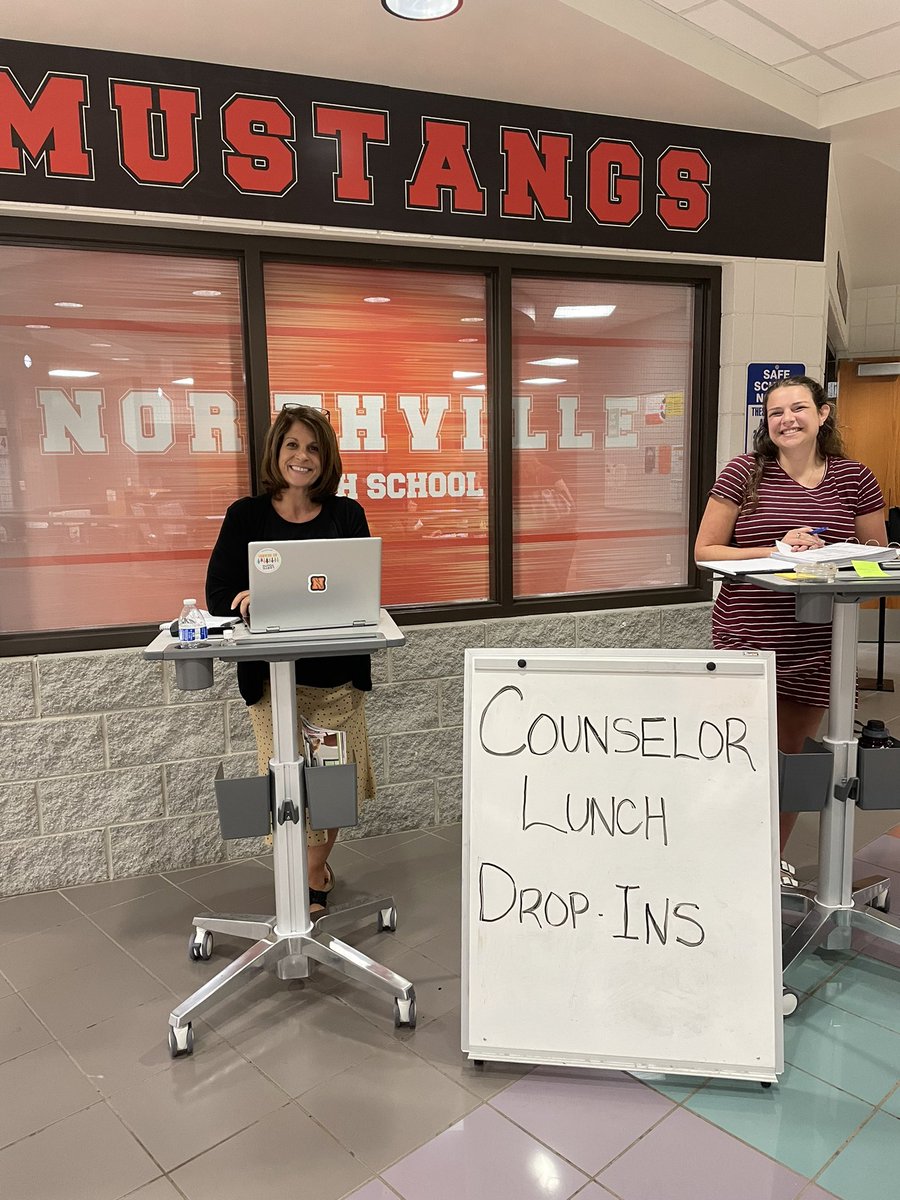 massp's tweet photo. While visiting Northville HS I chatted with two of their HS counselors on my way out…two counselors each day take turns being available for students during the lunch hours at mobile workstations. Great idea! The counselors said it was “time well spent”. @theMSCA @NHSMustangs1 https://t.co/opYNrndpGv