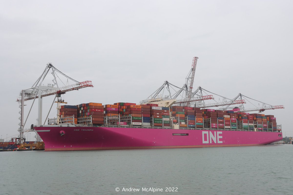 Maritimegeek's tweet photo. First visit to #Southampton and a North European port for the renamed and new liveried #ONETriumph previously #MOLTriumph The other ships in this class will also be renamed and receive the new @OceanNetworkExp livery. @ONE_LINE_JAPAN #containernews #ship #shipspotting https://t.co/CJrgdQADj7