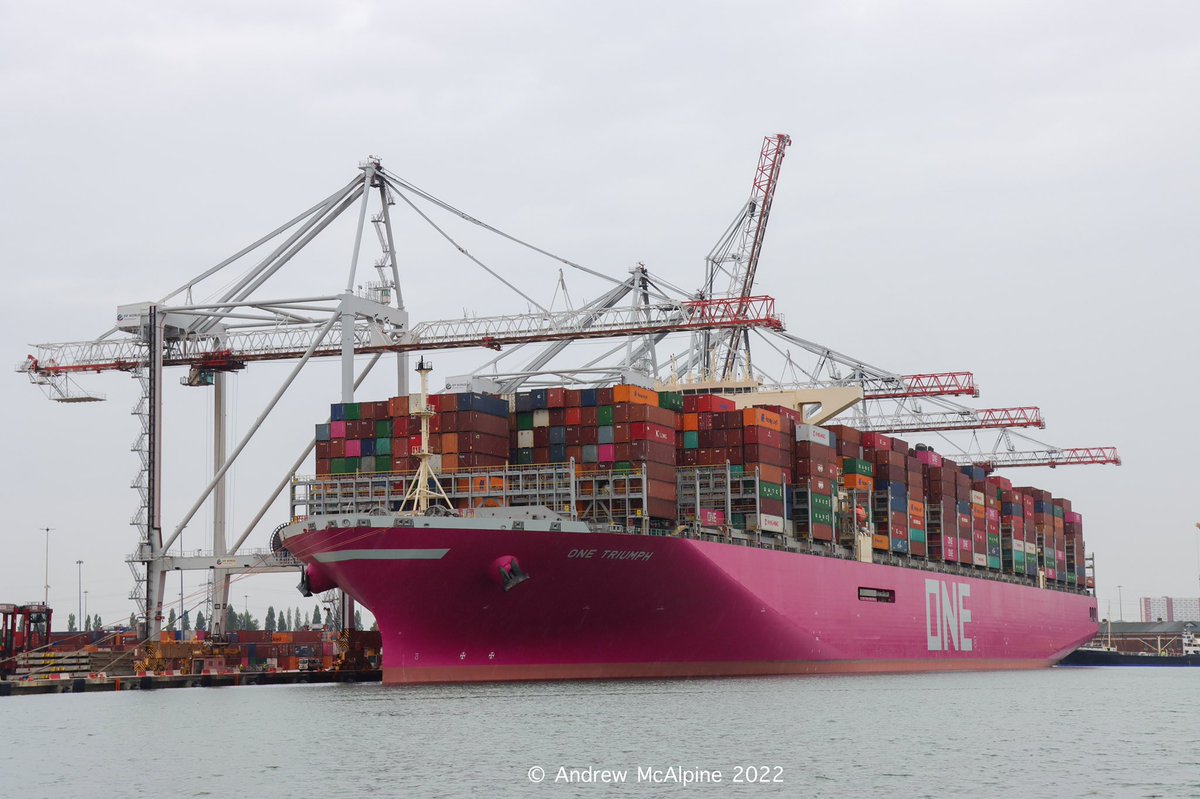 Maritimegeek's tweet photo. First visit to #Southampton and a North European port for the renamed and new liveried #ONETriumph previously #MOLTriumph The other ships in this class will also be renamed and receive the new @OceanNetworkExp livery. @ONE_LINE_JAPAN #containernews #ship #shipspotting https://t.co/CJrgdQADj7