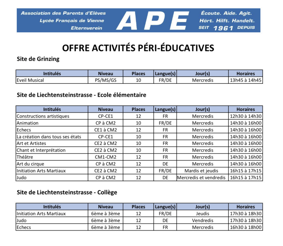 ape_vienne's tweet photo. Voici donc ce que vous propose  l’APE cette année : pour la #Maternelle, l’#Elementaire et le #Collège 
#ape #lfv #lyceefrancaisdevienne #ateliers https://t.co/RFXTxWka0G