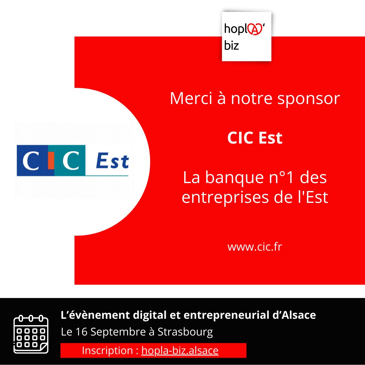 #hoplabiz remercie son 4° sponsor : <a href="/cic/">CIC</a>  sans qui l'évènement 2022 n'aurait pas lieu 🙏🙏🙏 - La banque n°1 des entreprises de l'Est - cic.fr - pensez à vous inscrire, il reste des places sur hopla-biz.alsace/inscription/#f… 🚄