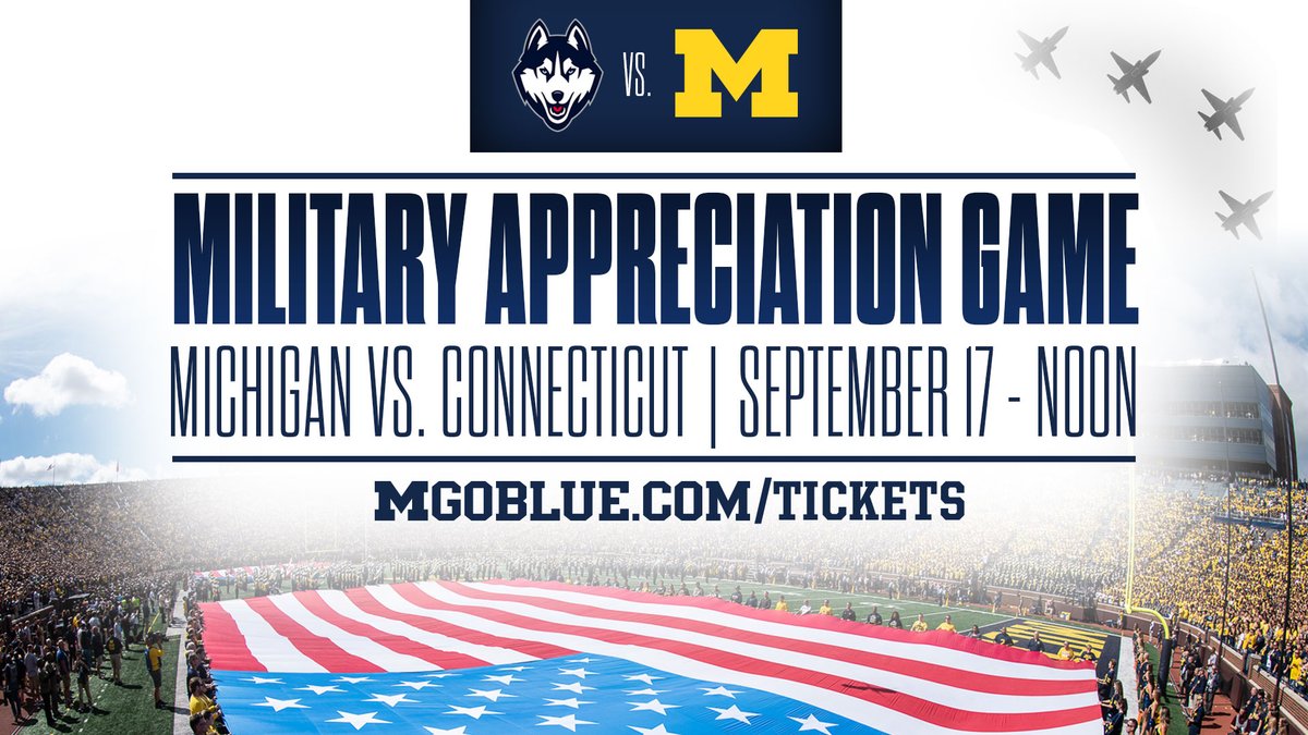 UMichAthletics's tweet photo. The No. 4-ranked Wolverines will host the annual Military Appreciation game this weekend to honor, thank and recognize all military and veterans of our Armed Forces. Join us at Michigan Stadium 👇

TIX » https://t.co/B0gnHPkwbU
PROMOS » https://t.co/4T6fv2A0HP

 #GoBlue https://t.co/CooD789ee8
