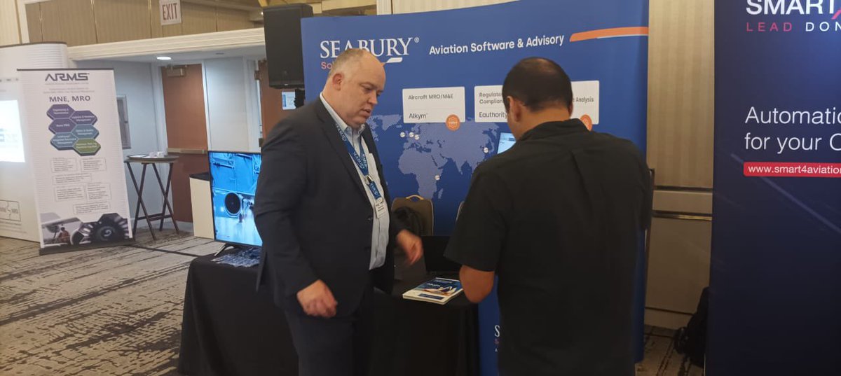 SeaburySolution's tweet photo. Both @CarlosRBianchi &amp; Manuel Roché in action this morning @AircraftCommrce @OpsMRO_ITConf in Miami.

Come visit our booth to see a short #Alkym demo, where our team will show you the benefits of having such a flexible #maintenancesoftware, controlling your operations. https://t.co/Nu9MjAFVLI