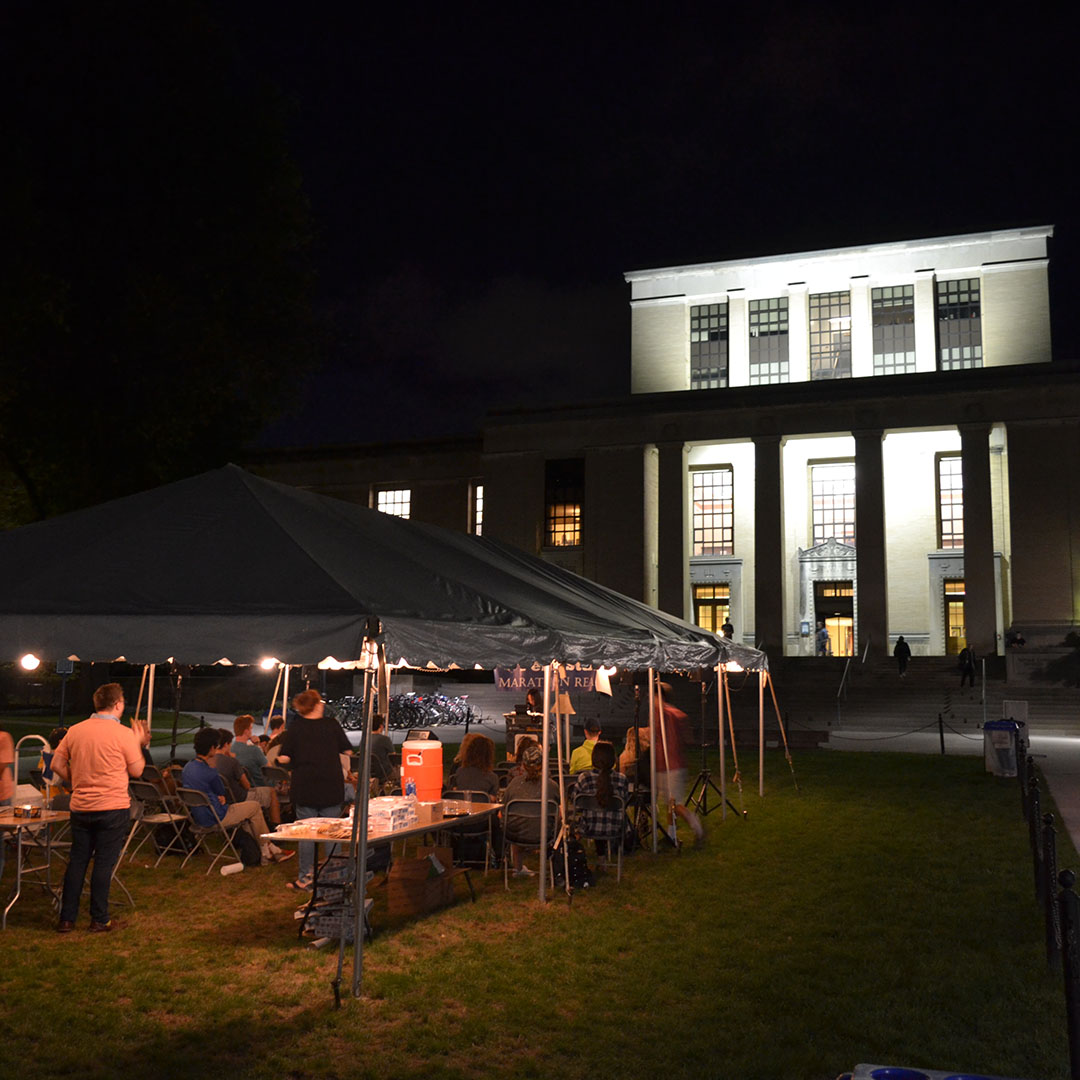 PSULiberalArts's tweet photo. Celebrate a decade of #MarathonRead TOMORROW, September 14 on Pattee Mall with 12 hours (10:00 a.m.–10:00 p.m.) of literature exploring the complex challenges of climate change and its effects on environments, economies, and cultures! @EnglishatPSU @PSULiberalArts @penn_state https://t.co/LrnyqUeeZB