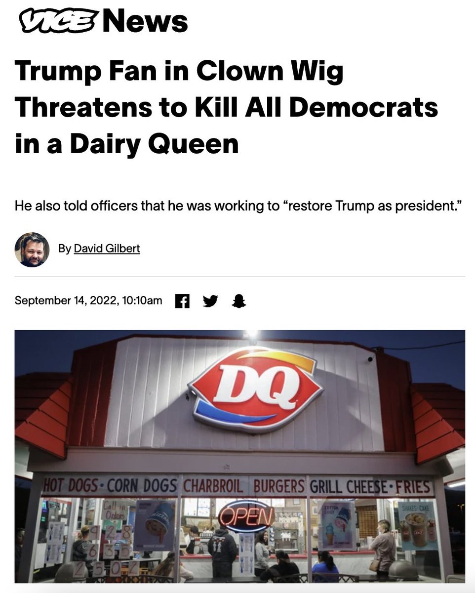 Wave of QAnon-based terror this weekend. A Trump fan in a clown wig obsessed with the end times threatened to kill all Democrats in a DQ on Saturday.

Another man riddled with Q delusions in Michigan shot up his family at home, injuring his daughter and killing his wife and dog.