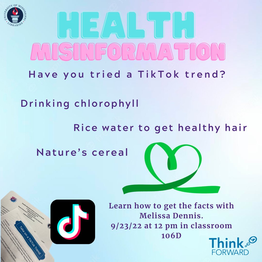 UMLibraries's tweet image. Have you tried one of these trends? Did it work? Find out the facts at the Health Misinformation Workshop with Melissa Dennis! #libraryevents #umlibraries