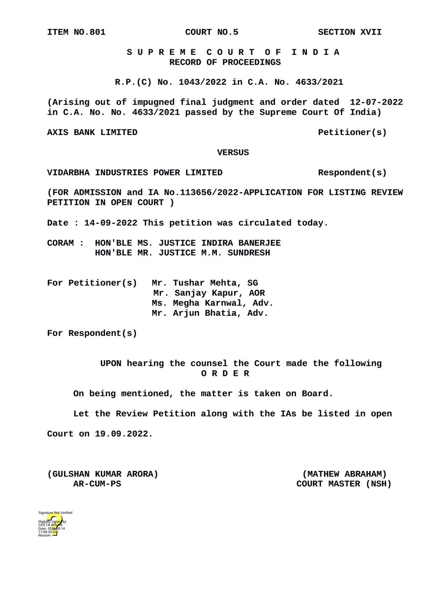 ideepakjoshi's tweet photo. SC to hear review petition in the Vidarbha Industries IBC matter in open court. Important hearing as the ruling held that NCLT has discretion not to admit FC's petition even if debt is due &amp; default has taken place.

@LiveLawIndia
@barandbench https://t.co/oJNPrki86Z
