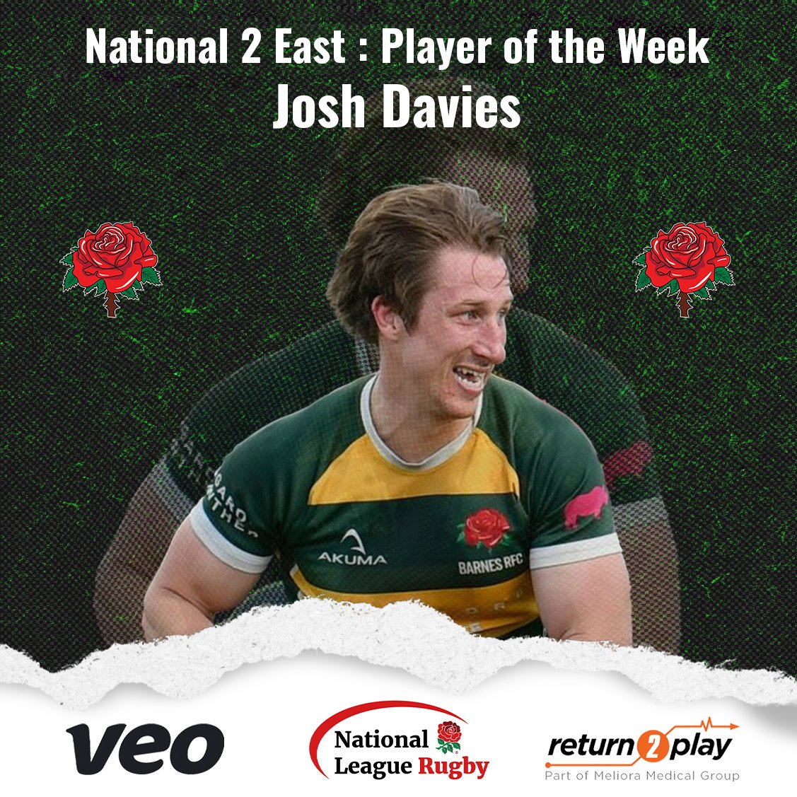 🚨 Here is this weekend's Player of the Week from Round 2 in National 2 East:
<a href="/Barnes_Rugby/">Barnes Rugby Club</a>'s Josh Davies #Nat2E