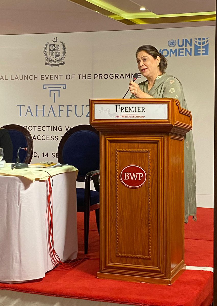 ncswpk's tweet photo. Chairperson NCSW with the Parliamentary Secratary Ms. Mehnaz, Minister Law &amp; Justice, Mr. Azam, Director INL Ms. Lori &amp; Deputy Country Rep, UN Women Ms. Jacqui at the national launch of UN Women's program 'Tahaffuz' https://t.co/Aj0PYFtbsW
