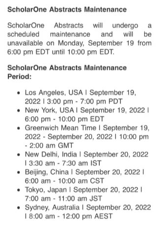 icahdq's tweet image. ScholarOne Abstracts Maintenance: ScholarOne Abstracts will undergo a scheduled maintenance and will be unavailable on Monday, 19 September from 6:00 pm EDT until 10:00 pm EDT.

#ICAcommUnity