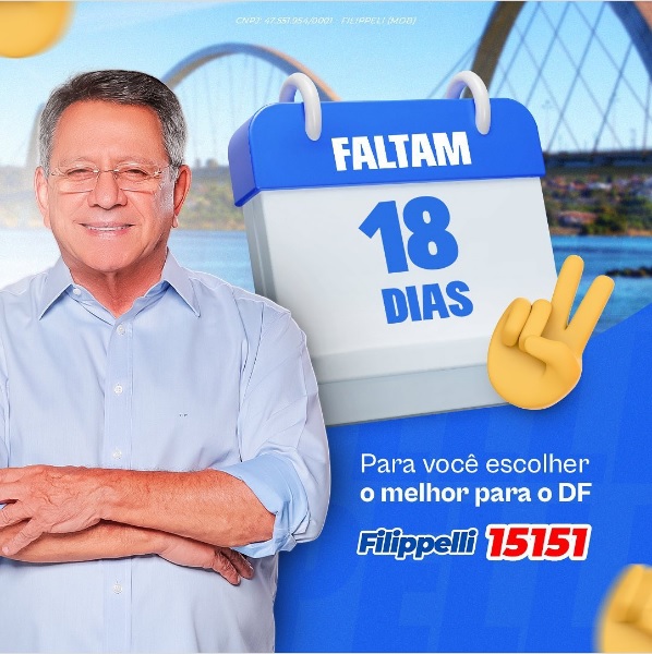 DoFilippelli's tweet photo. Estamos a 18 dias das eleições. Um momento importante da nossa democracia. Exerça com consciência e independência o seu voto. Como deputado distrital, quero fazer mais e melhor do que fiz em toda a minha vida pública. Distrital é Filippelli, 15151. https://t.co/fG3EeNdInu