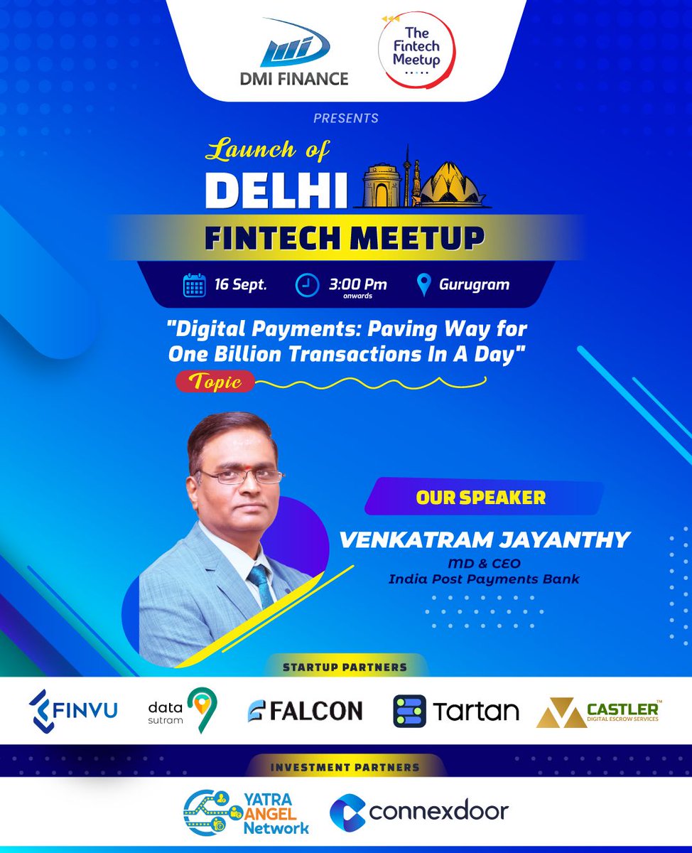 MeetupFintech's tweet photo. Venkatram Jayanthy, MD &amp; CEO of @IPPBOnline will be sharing his thoughts on "Digital Payments" at the launch of Delhi Fintech Meetup Chapter. If you're a fintech founder based in Delhi NCR and wish to attend the event, do fill out this form - https://t.co/DH0GCpubzE https://t.co/34aDNNgh2g