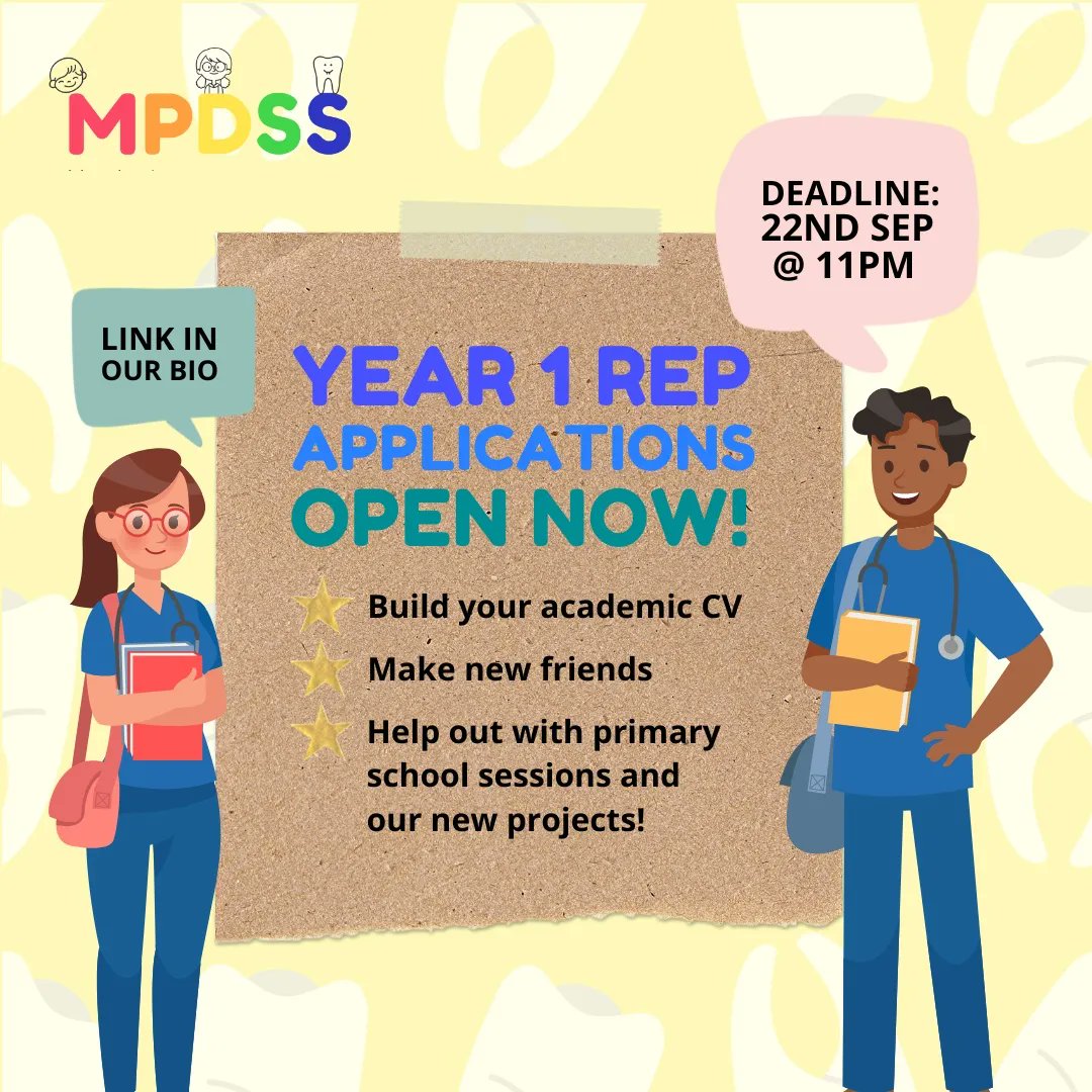 mpdssoc's tweet image. WE ARE BACK FOR 22/23...and in need of a FIRST YEAR REP 🦷🌈

Help our society to connect with your year group, as well as helping to run our primary school project.

Deadline: Thurs 22nd Sep, 11pm

LINK IN OUR BIO 🔎

Good luck! 😄⭐️