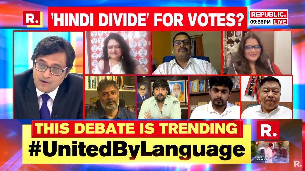 republic's tweet photo. #UnitedByLanguage the national chorus as netas' division tactics get called out on The Debate. Tweet your views and watch Arnab #LIVE here - https://t.co/I5Hu1RKZ2j https://t.co/D60OcmXgWQ
