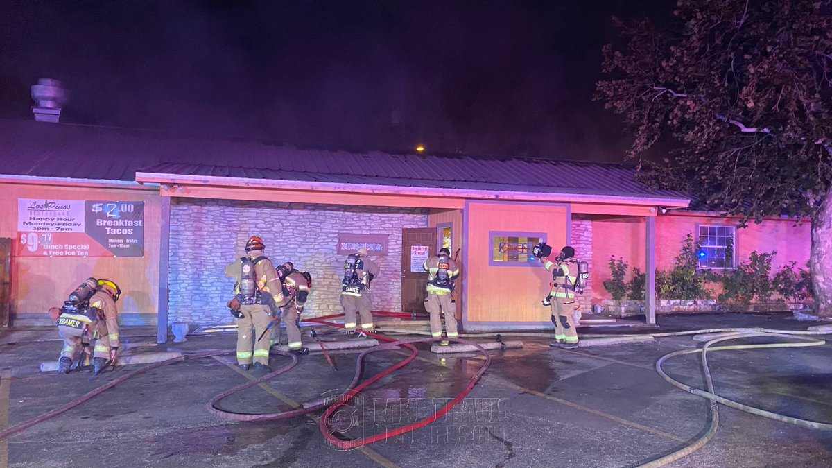 laketravisfire's tweet photo. Lake Travis Fire Rescue firefighters responded to a  fire at Los Pinos Restaurant at Hudson Bend at 12:40 a.m. Fire crews worked quickly to extinguish the fire. Most of the heat and fire damage was in the attic. The Travis County Fire Marshal's Office is investigating. https://t.co/BzUKO3J42b
