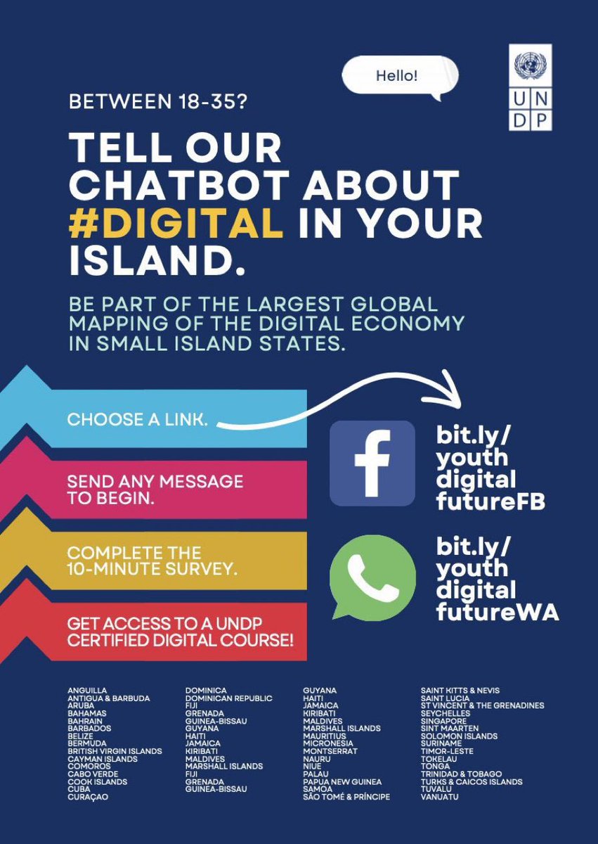 SIDS_Comms's tweet photo. ✅ Aged 18-35?
✅ Live in or are from a small island country? 🏝️
✅ Want to share your thoughts on digital? 📱

Be part of the largest ever 🌏 global mapping of digital in small states. Share your thoughts with our interactive chatbot 🤖 at the links below! ⬇️⬇️⬇️ https://t.co/JMgwRRVvid