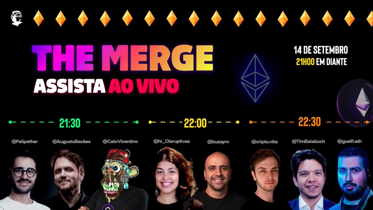 Em 12 horas, a #Ethereum passará pela atualização mais importante da sua história.

O "#Merge" é o evento mais aguardado do ano no mercado de créptomoedas.

Nós vamos transmitir como se fosse jogo de futebol ⚽️ Com narração, comentários, convidados de peso - cobertura COMPLETA 👇