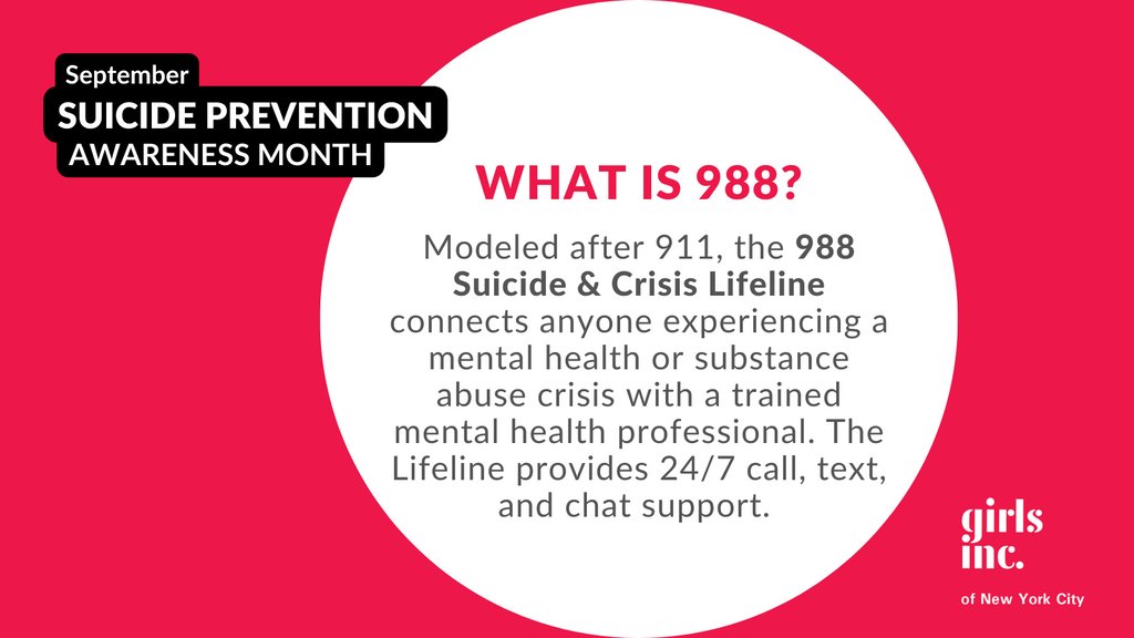 girlsincnyc's tweet photo. In July, the @988Lifeline was launched to make access to mental health resources easier. Trained counselors speak with callers to identify solutions and de-escalate mental health crises. Read this @NPR article to learn more about 988. https://t.co/d756Nmwtru https://t.co/FEVxIpXCQv
