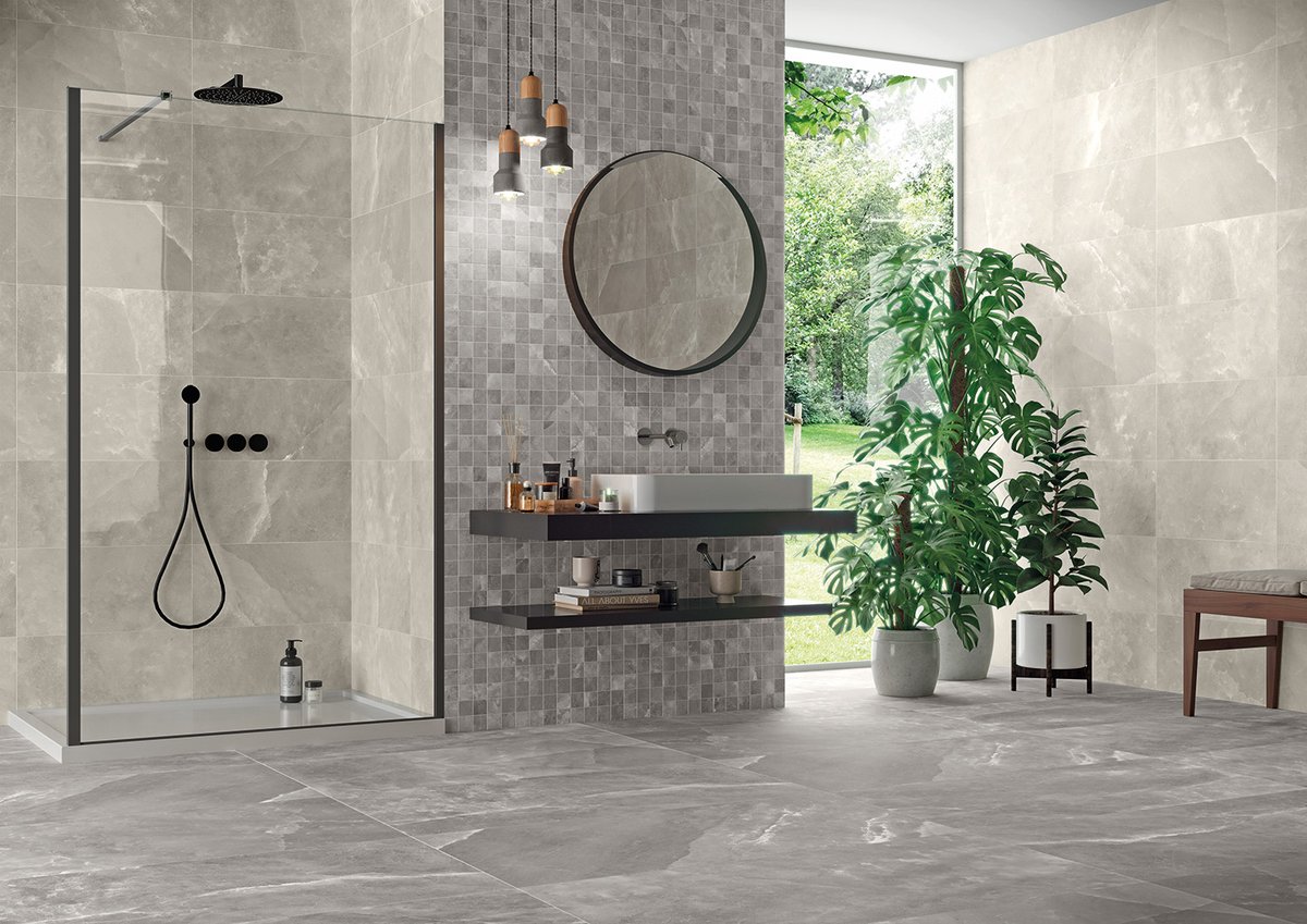 Crystal Stone's concept was born from imitating the matrix of Himalayan salt crystals and using great tile colors combined with the digital screens. #porcelaintile #tile #katelotile #bathroomtile katelotile.com/find-tile/crys…