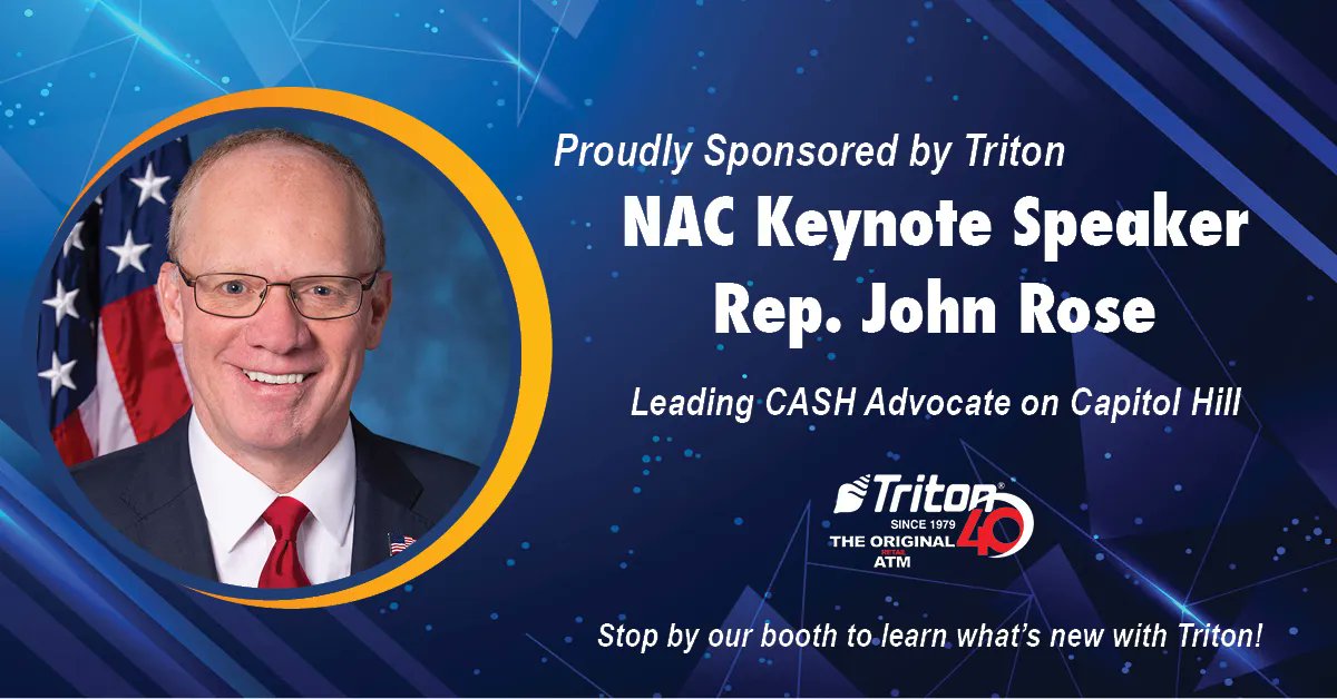 TritonGurus's tweet photo. Got #cash? Hear from #NAC2022 keynote speaker Congressman John Rose and find out why he’s the leading ‘advocate for cash’ on Capitol Hill. Proudly sponsored by #Triton and #ATMGurus https://t.co/Jlm1Wl6jn0.
#atms #paymentchoice #atmindustry #tritonatms #usmade https://t.co/G9m4g0hWcI