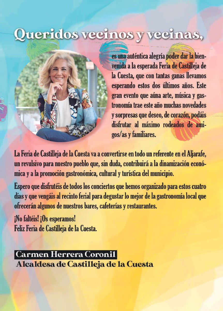 CastillejaCta's tweet photo. 🔴 La #FeriaCastillejaCta arranca mañana, teniendo por delante 4️⃣ días de #música y diversión 👏

🤩 El recinto ferial reunirá a artistas de la talla de @Chenoa  @elseluelmusical @Raseloficial Juanlu Montoya @Ecosdelrocio4 @RayaRFlamenco @LosRebujitos

#FeriaCastillejaCta https://t.co/oP23SMkQnK