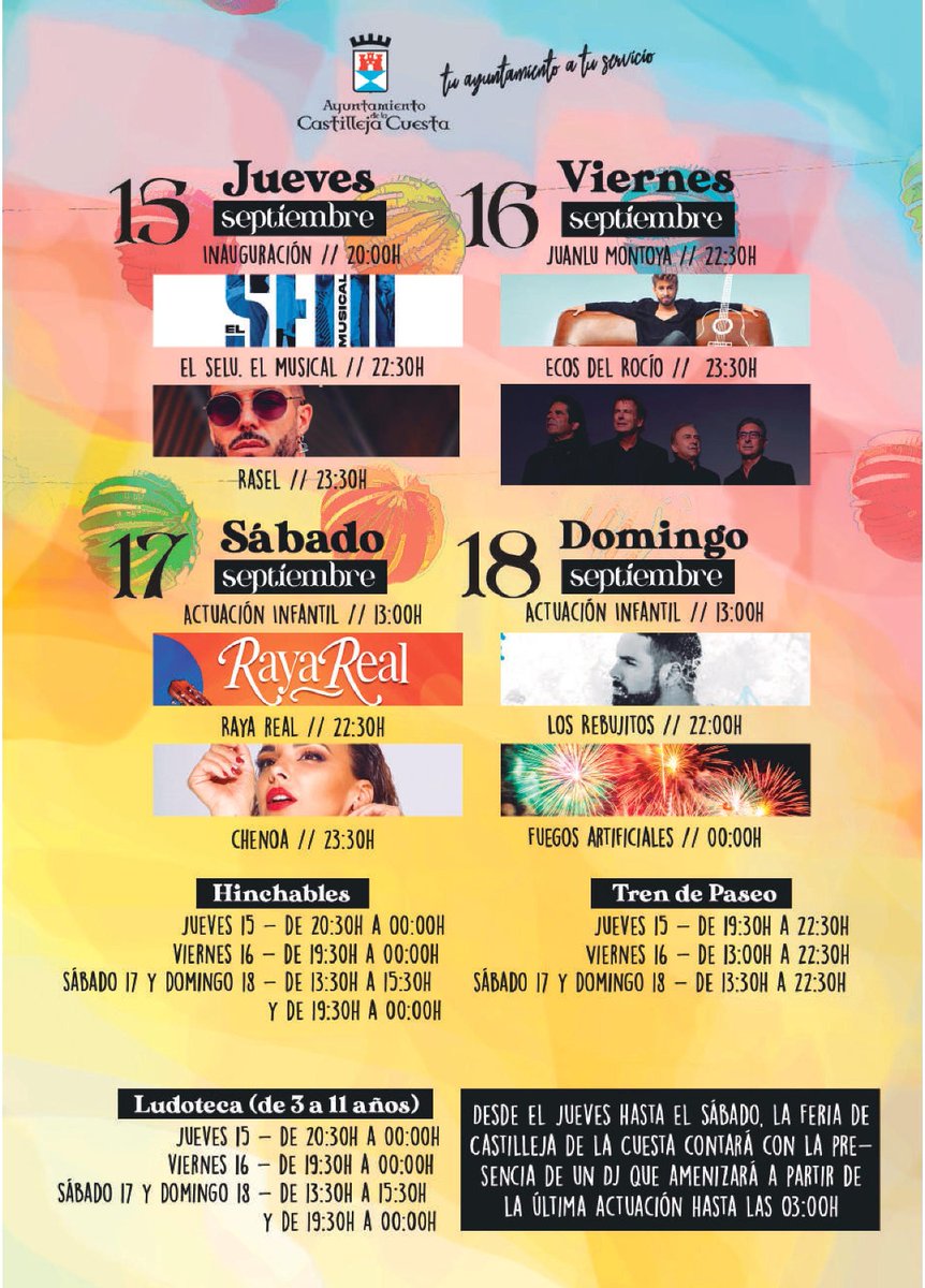 CastillejaCta's tweet photo. 🔴 La #FeriaCastillejaCta arranca mañana, teniendo por delante 4️⃣ días de #música y diversión 👏

🤩 El recinto ferial reunirá a artistas de la talla de @Chenoa  @elseluelmusical @Raseloficial Juanlu Montoya @Ecosdelrocio4 @RayaRFlamenco @LosRebujitos

#FeriaCastillejaCta https://t.co/oP23SMkQnK