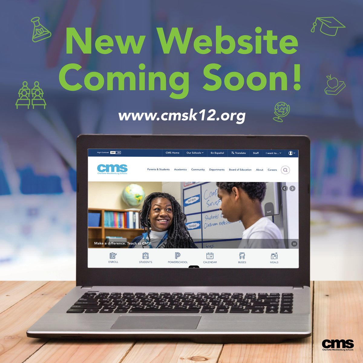 CharMeckSchools's tweet photo. CMS district and school websites are being redesigned to serve you better. The new look is coming soon! #DiscoverCMS https://t.co/klg3RrrFUY