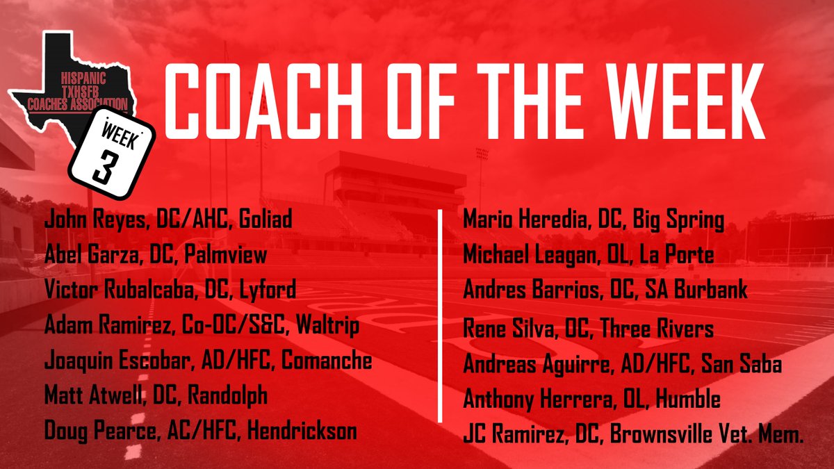 HispanicTXHSFB's tweet photo. COACH OF THE WEEK- We have a deep field of honorees following a very exciting third week of Texas HS Football! Please make sure to give a shout to the following coaches for a job well done! Good luck the rest of the year! https://t.co/IyjjaS8foo