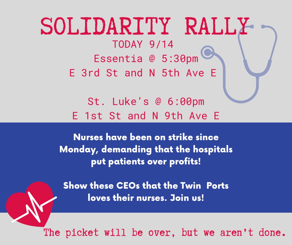 mayouduluth's tweet photo. There is also a solidarity rally for the @mnnurses at 5:30/6 today. This should also be a great opportunity to stand together as a community! https://t.co/iVbiIPl5jm
