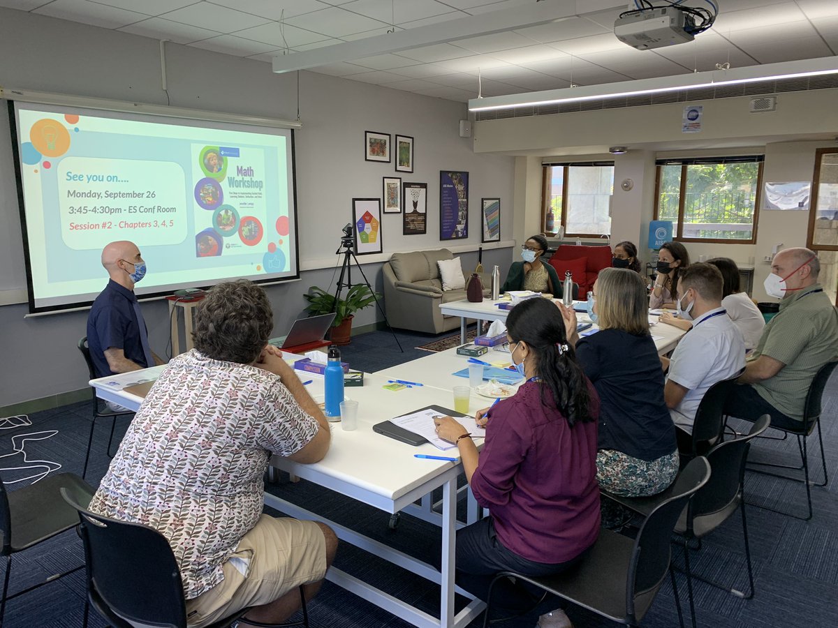 AISCElementary's tweet image. #AISCElementary faculty book club on implementing math workshop. Great conversations around how to engage and challenge all of our students in math! Can’t wait until our next session! #AISCLearner