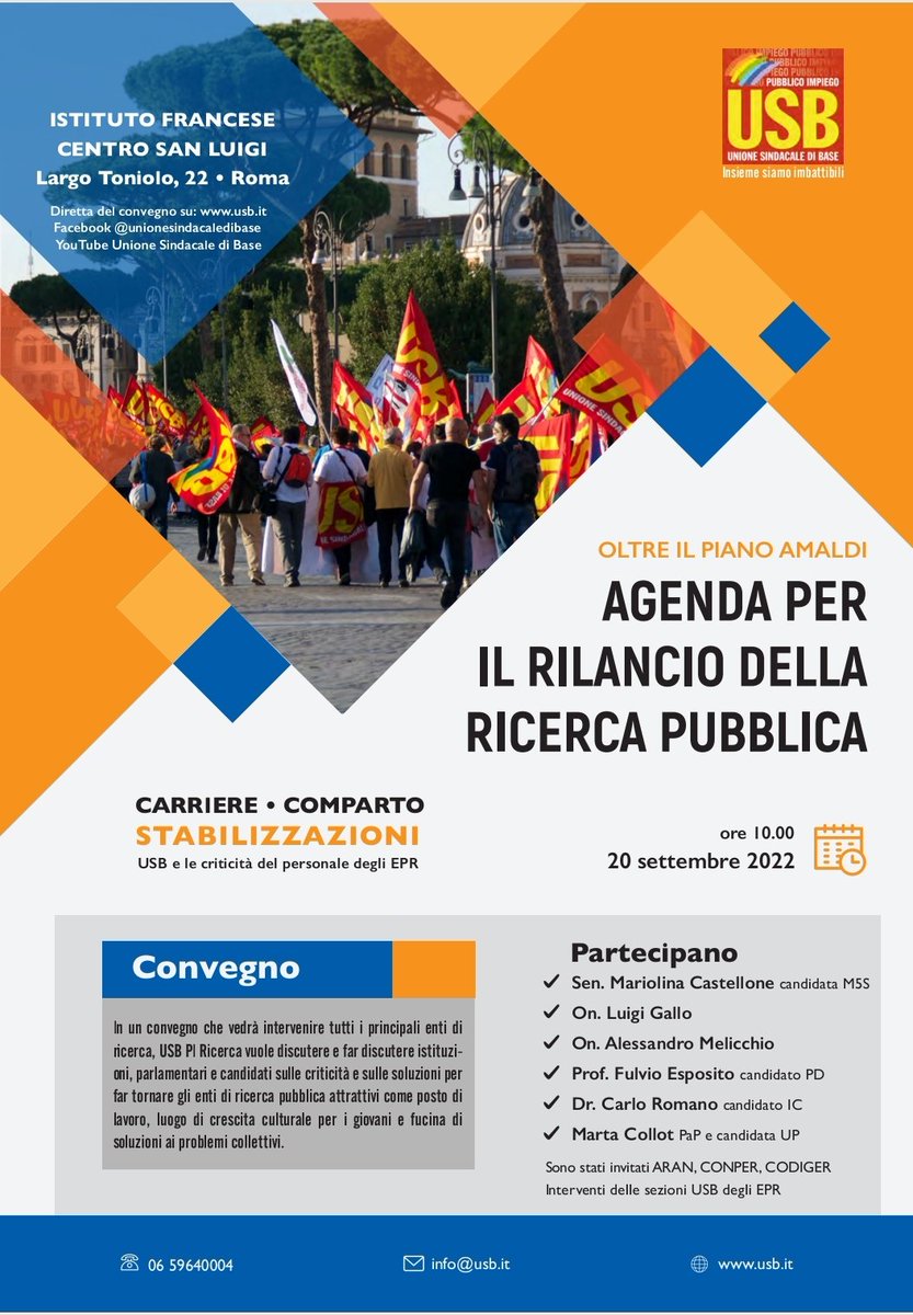Ma la ricerca è sparita nella campagna elettorale? No. <a href="/USB_PI/">USB Pubblico Impiego</a> APRE LA DISCUSSIONE CON <a href="/MariaDomenicaC4/">Mariolina Castellone</a> <a href="/CollotMarta/">Marta Collot</a> #esposito <a href="/LuigiGallo15/">Luigi Gallo</a> <a href="/AlexMelicchio/">Alessandro Melicchio</a>. Invitati <a href="/AntonioNaddeo/">Antonio Naddeo</a> e <a href="/zoccoli_antonio/">Antonio Zoccoli</a>. <a href="/CNRsocial_/">CNR Consiglio Nazionale delle Ricerche</a> <a href="/ISSalute_it/">ISSalute</a>  <a href="/ENEAOfficial/">ENEA</a> <a href="/ispra/">manuela</a> <a href="/INFN_/">INFN</a> <a href="/mediainaf/">MEDIA INAF</a> <a href="/IndireSocial/">INDIRE</a>