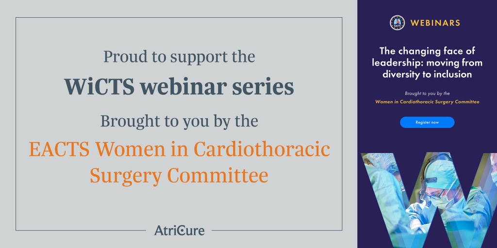 AtriCure's tweet photo. We’re proud to support the @EACTS Women in Cardiothoracic Surgery Committee. The #WiCTS group will organize a webinar series on “The changing face of leadership: moving from diversity to inclusion,“ starting Sept. 15. Learn more &amp; register: https://t.co/PC1FLGUJP8. #CardioTwitter https://t.co/xUsJaBLsmR