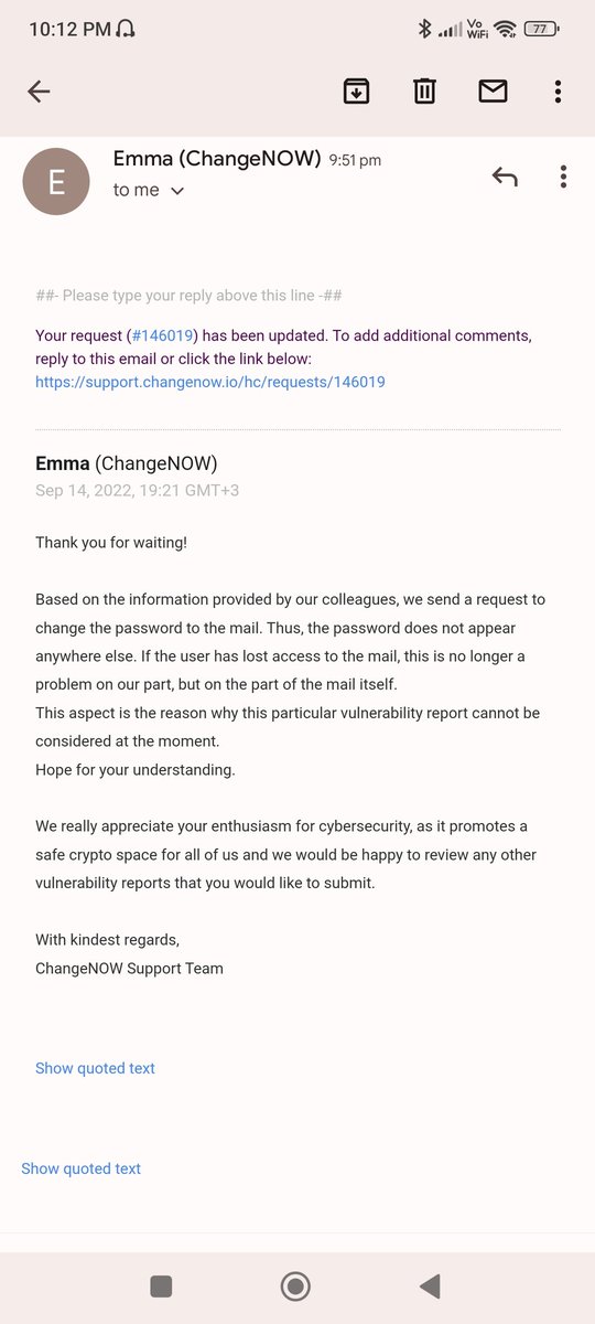 Virdoex_hunter's tweet photo. It's a password reset token and this the worst response from @ChangeNOW_io team
I don't how they have selected these person as their security team member . This type of company learn some lesson after a data breach #worstteam #stopchangenow.io worst crypto site https://t.co/5zOeAqFQJH