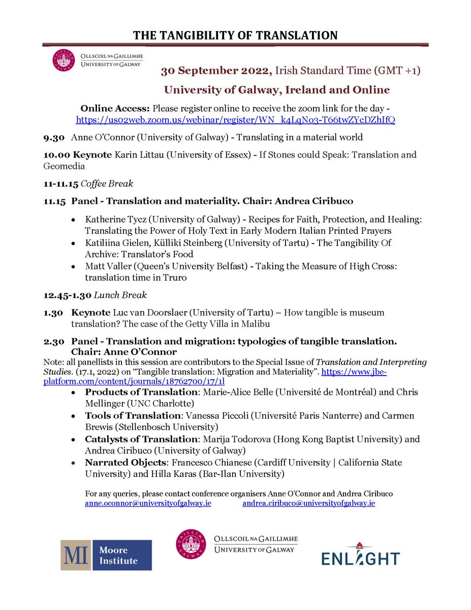 Join us online on International Translation Day, 30th September, for a varied and thought-provoking discussion on the Tangibility of Translation. Register here: us02web.zoom.us/webinar/regist…