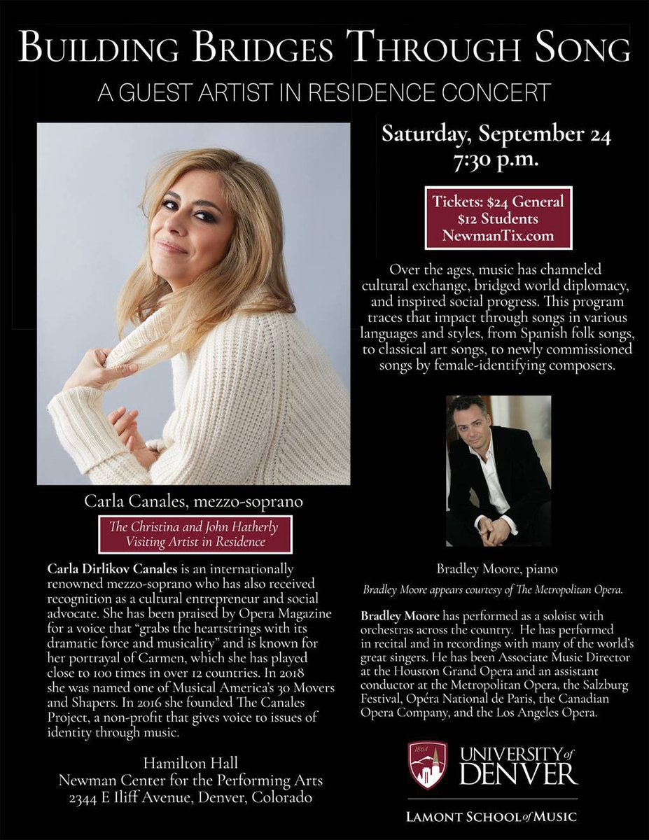 I’m delighted to invite you to my upcoming recital in Denver! Sept 24th, 7:30pm with pianist Bradley Moore. 
Thank you @UofDenver @josefkorbel @DU_Lamont  for this special opportunity!
#culturaldiplomacy #artsenvoy