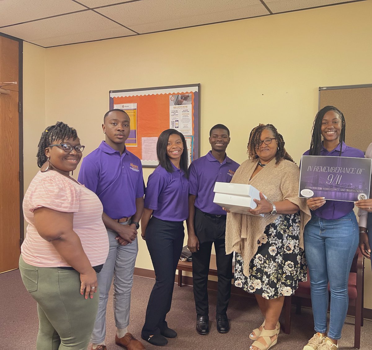 ASUstudentgov's tweet photo. In remembrance of those who provided services during 9/11, Student Government Association would like to acknowledge our campus nurses, fire and police department, and counseling services. For appreciation we passed out  donuts. Thank you for everything you do on Alcorn’s campus https://t.co/0NyLvF3W0C