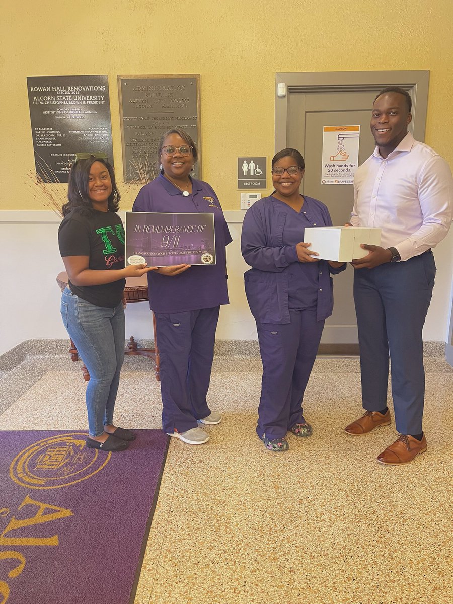 ASUstudentgov's tweet photo. In remembrance of those who provided services during 9/11, Student Government Association would like to acknowledge our campus nurses, fire and police department, and counseling services. For appreciation we passed out  donuts. Thank you for everything you do on Alcorn’s campus https://t.co/0NyLvF3W0C