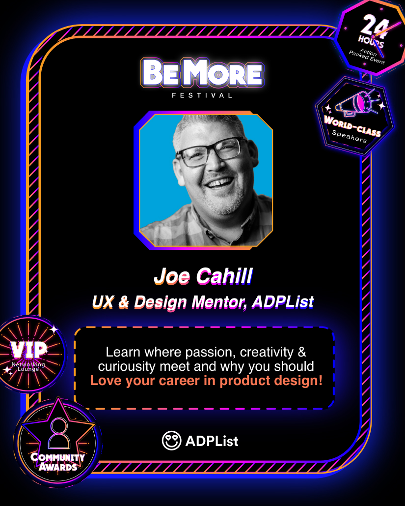 joecahilltalks's tweet photo. We are a week away from #BeMore2022 24 straight hours of talks from some of the best in the product & design industry (including me)π! If you haven't registered yet... get on it! https://t.co/WQC10HMgC6
#producdesign #uxdesign #designmentoring https://t.co/oVGmiRQdZl