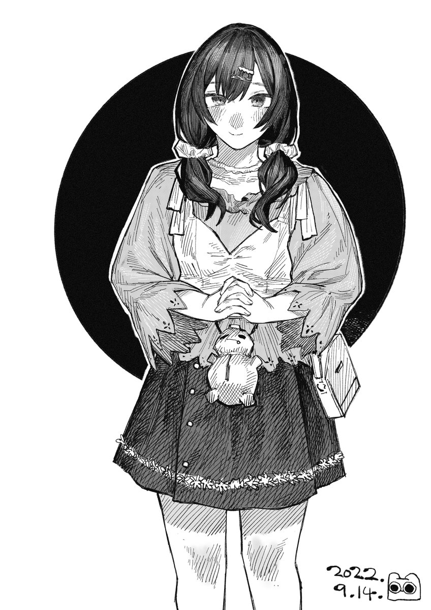 1girl greyscale monochrome solo twintails skirt hair ornament  illustration images